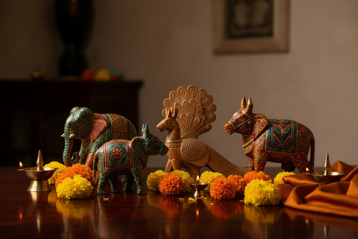 Colourful Painted Wooden Animal Toys – Pooja & Showpiece